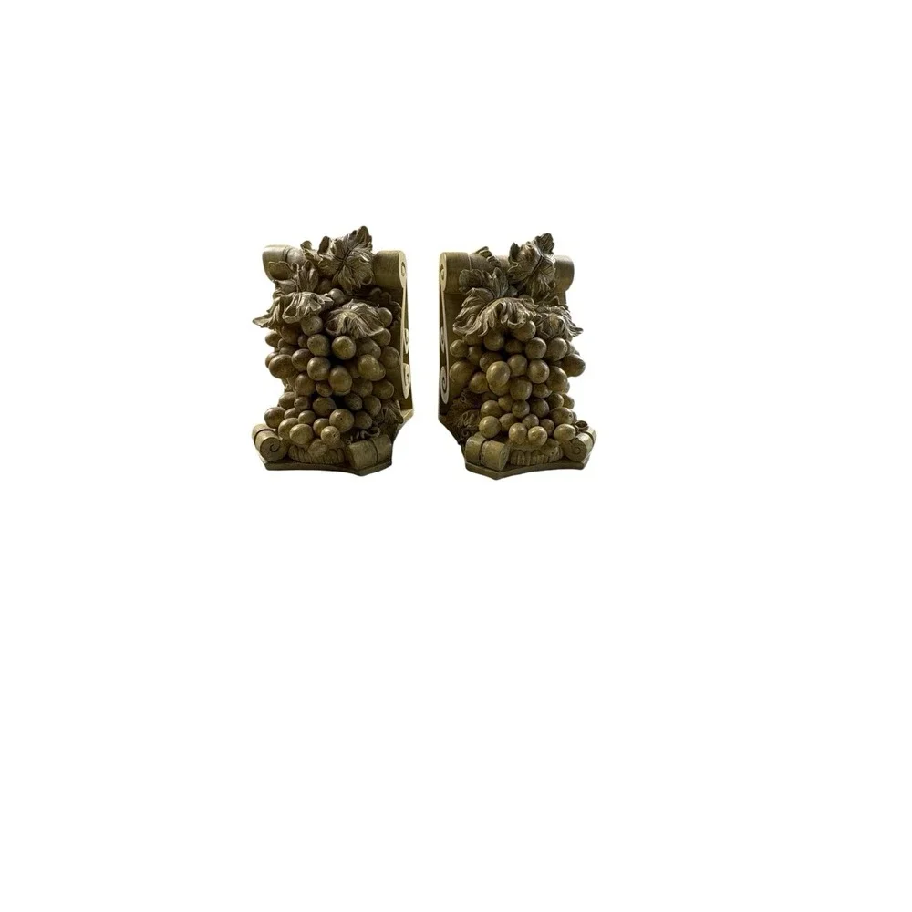 Vintage Grape Cluster Bookends Faux Wood Resin Fruit Vine Pair